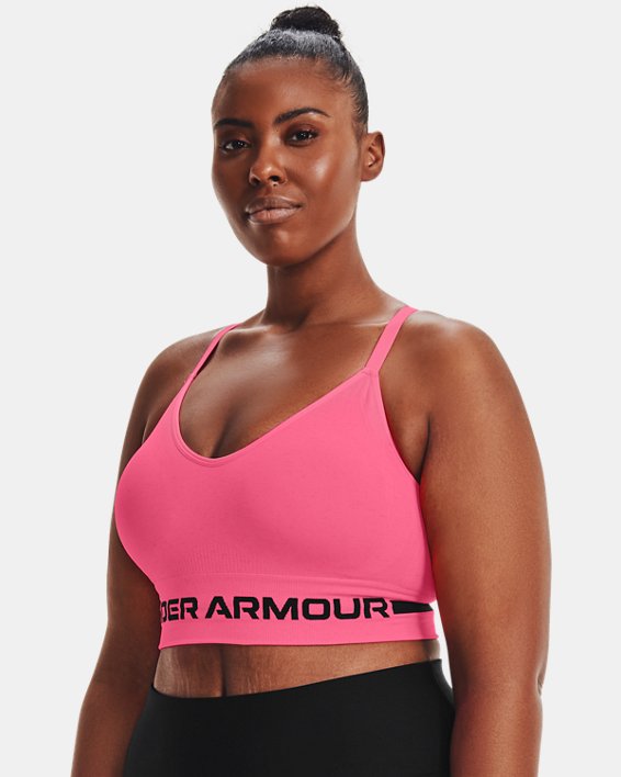 Damen UA Seamless Low Long Heather Sport-BH, Pink, pdpMainDesktop image number 3